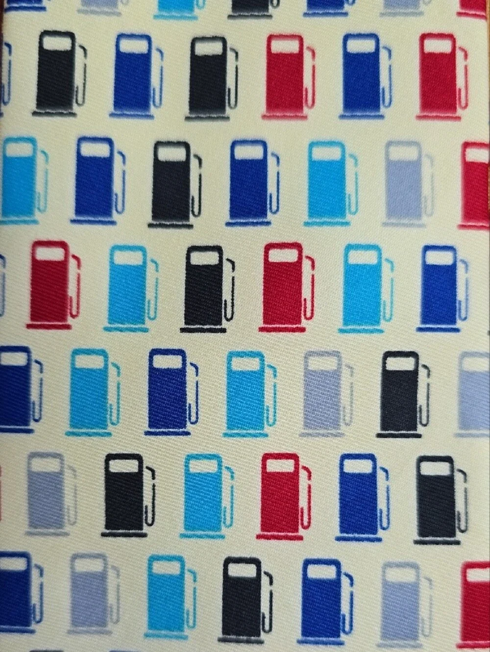 White Men's Tie with Multicolor Gas Pump Icon Pattern. Perfecr for GEARHEADS